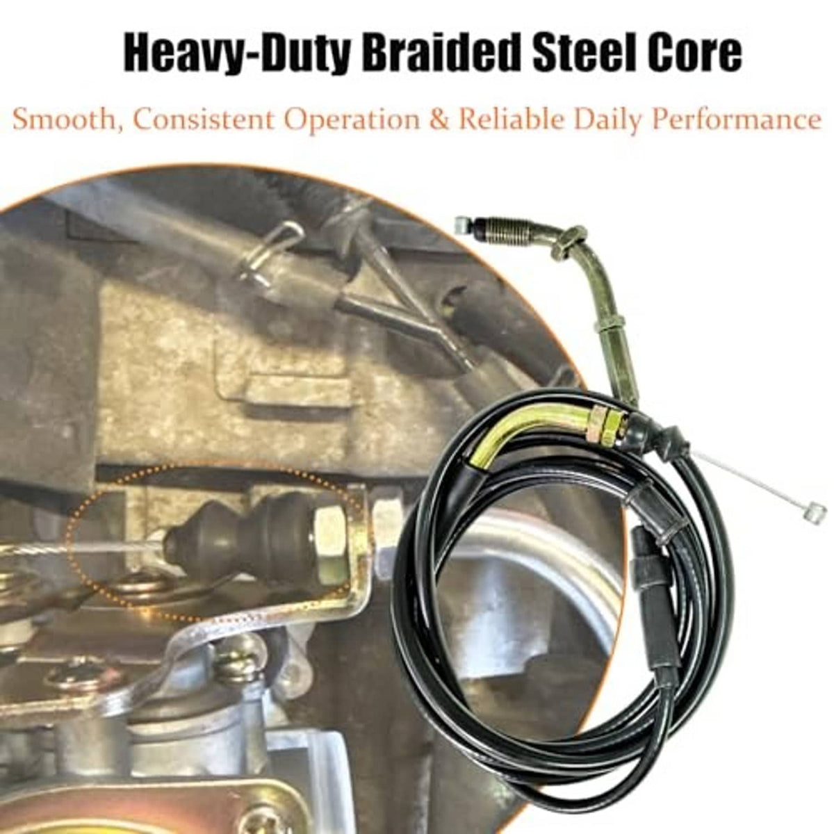 Throttle cable with heavy-duty braided steel core and curved green adjuster line