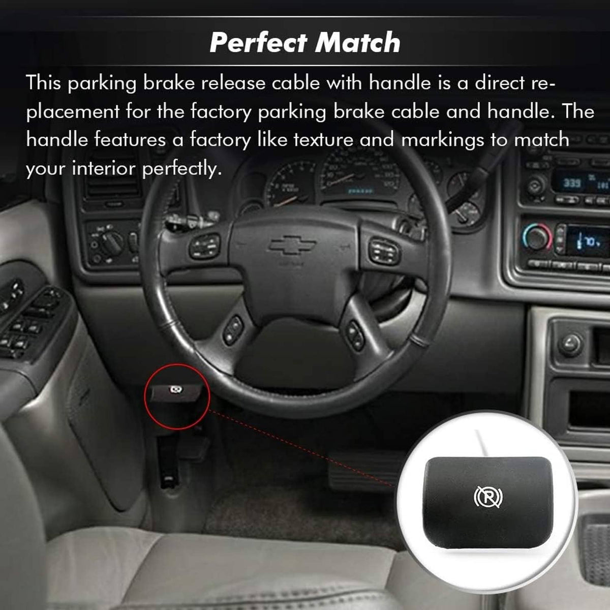 Parking brake release handle on dashboard, black button with white emblem