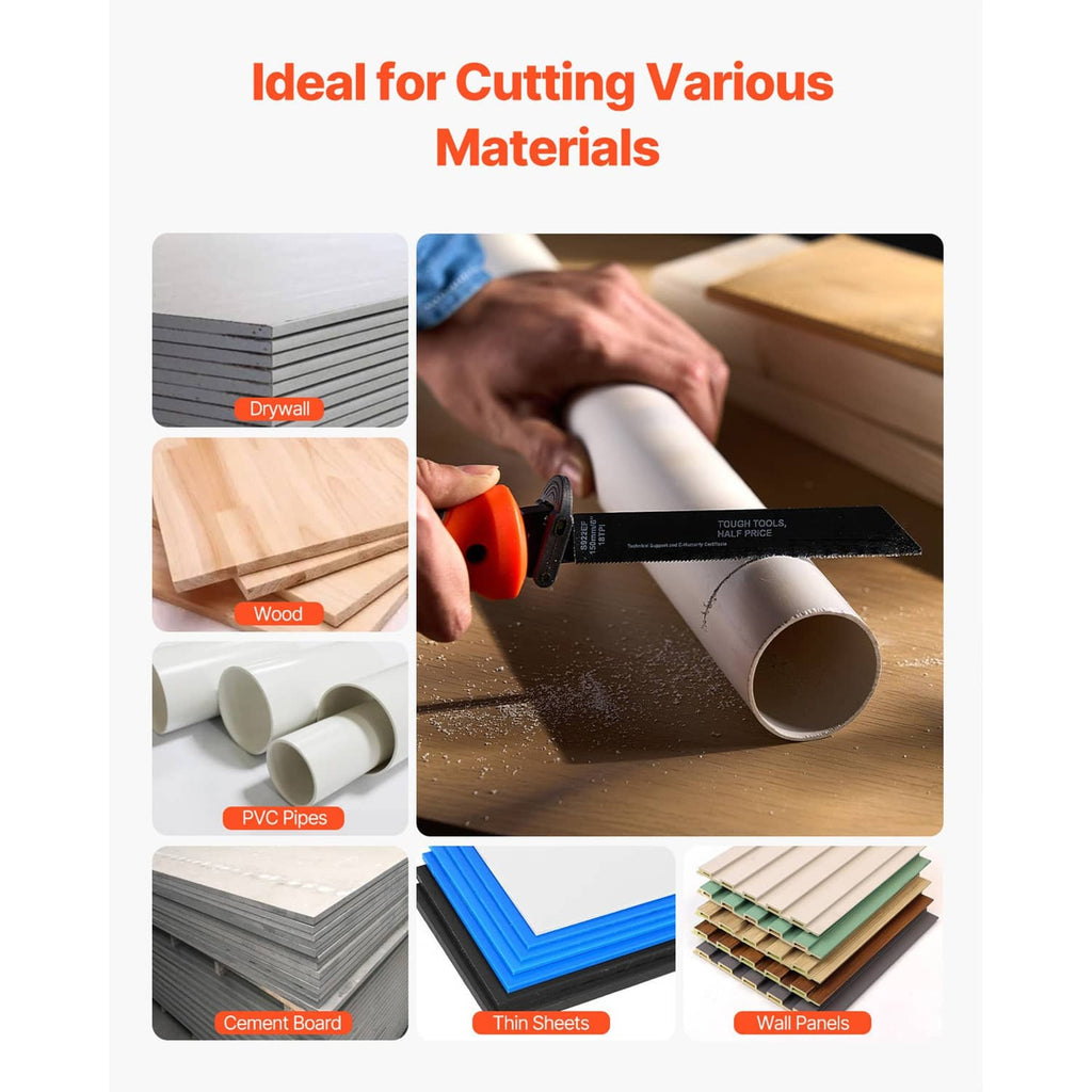 Orange keyhole saw cutting various materials with black serrated blade