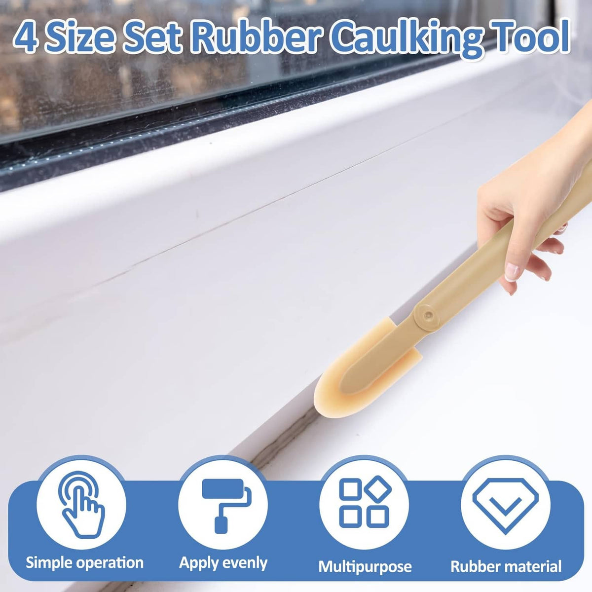 Tan rubber caulking finishing tool held by grip for smooth edge application