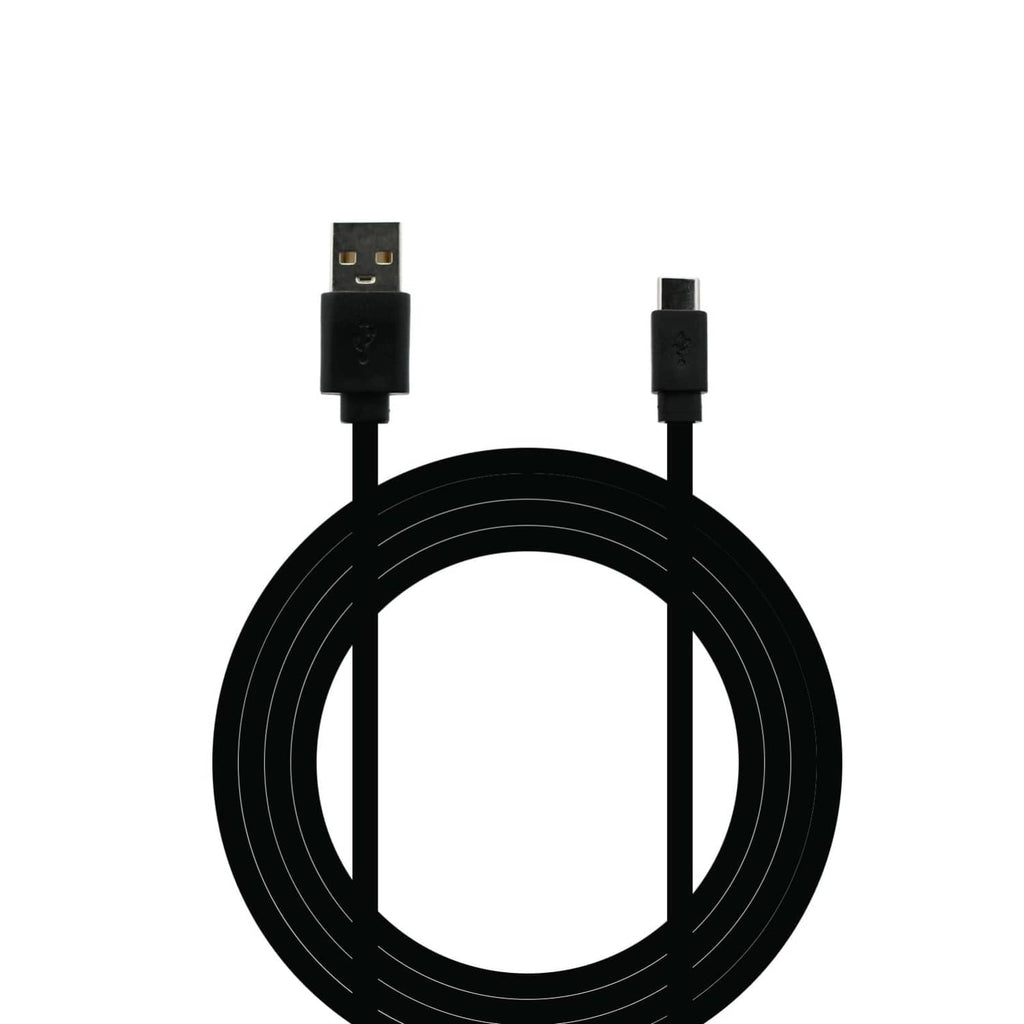 Black USB-A to USB-C cable with two plug ends standing on a coiled loop