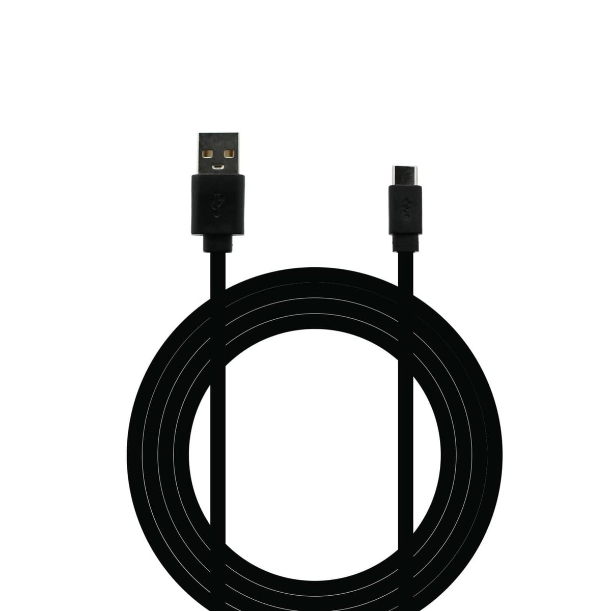 Black USB-A to USB-C cable with two plug ends standing on a coiled loop