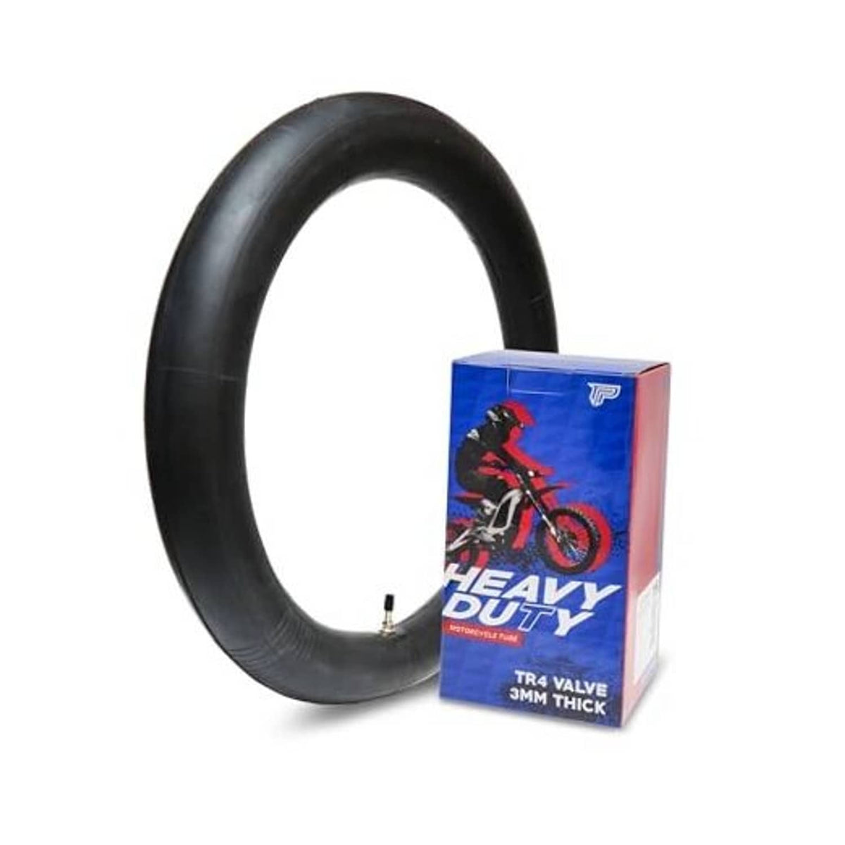 Black motorcycle inner tube with heavy-duty TR4 valve stem and product box