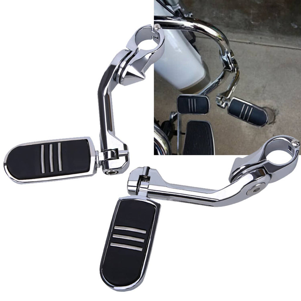 Motorcycle long highway foot pegs with chrome arms and black grooved rubber pads
