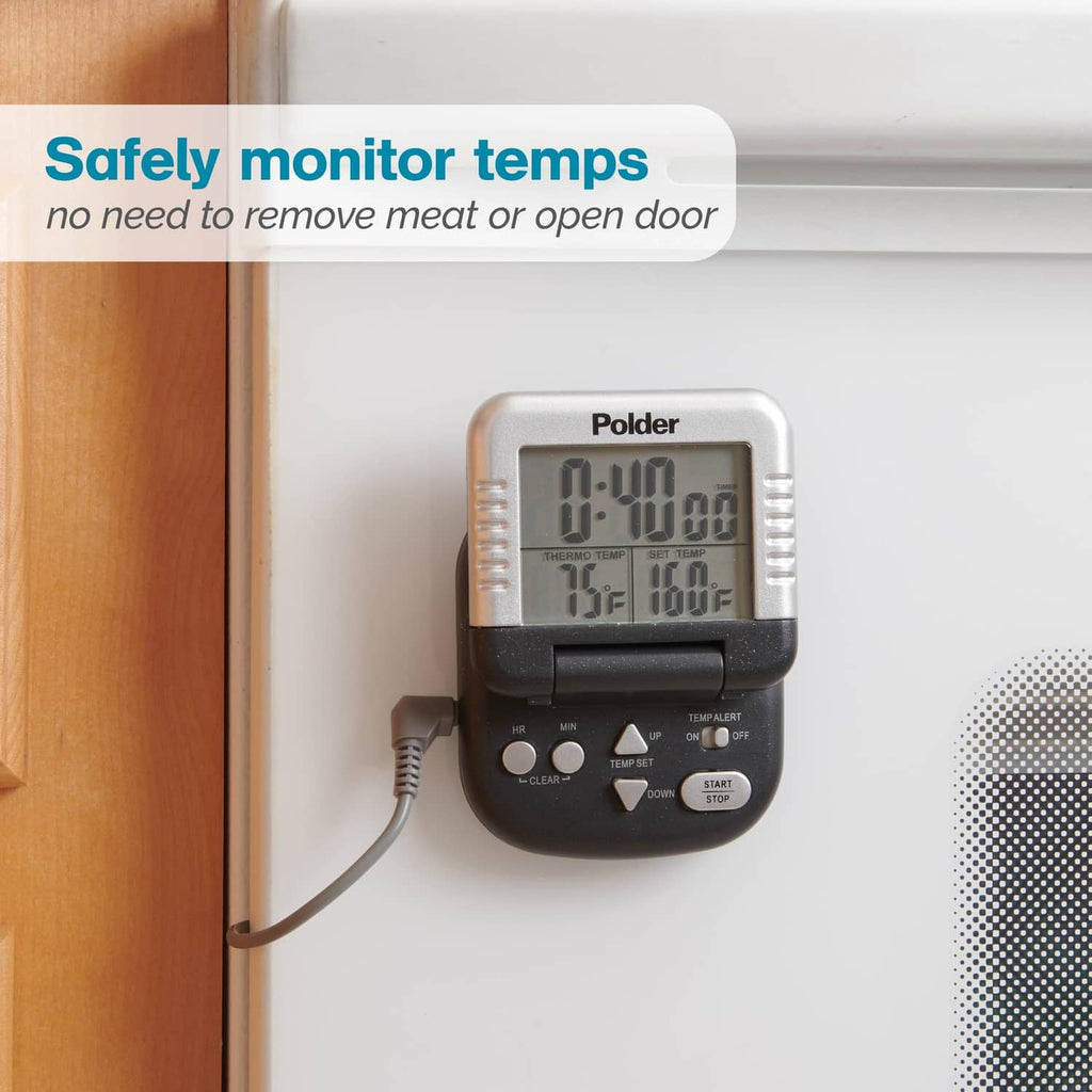 Polder digital meat thermometer mounted on a surface with probe cable connected