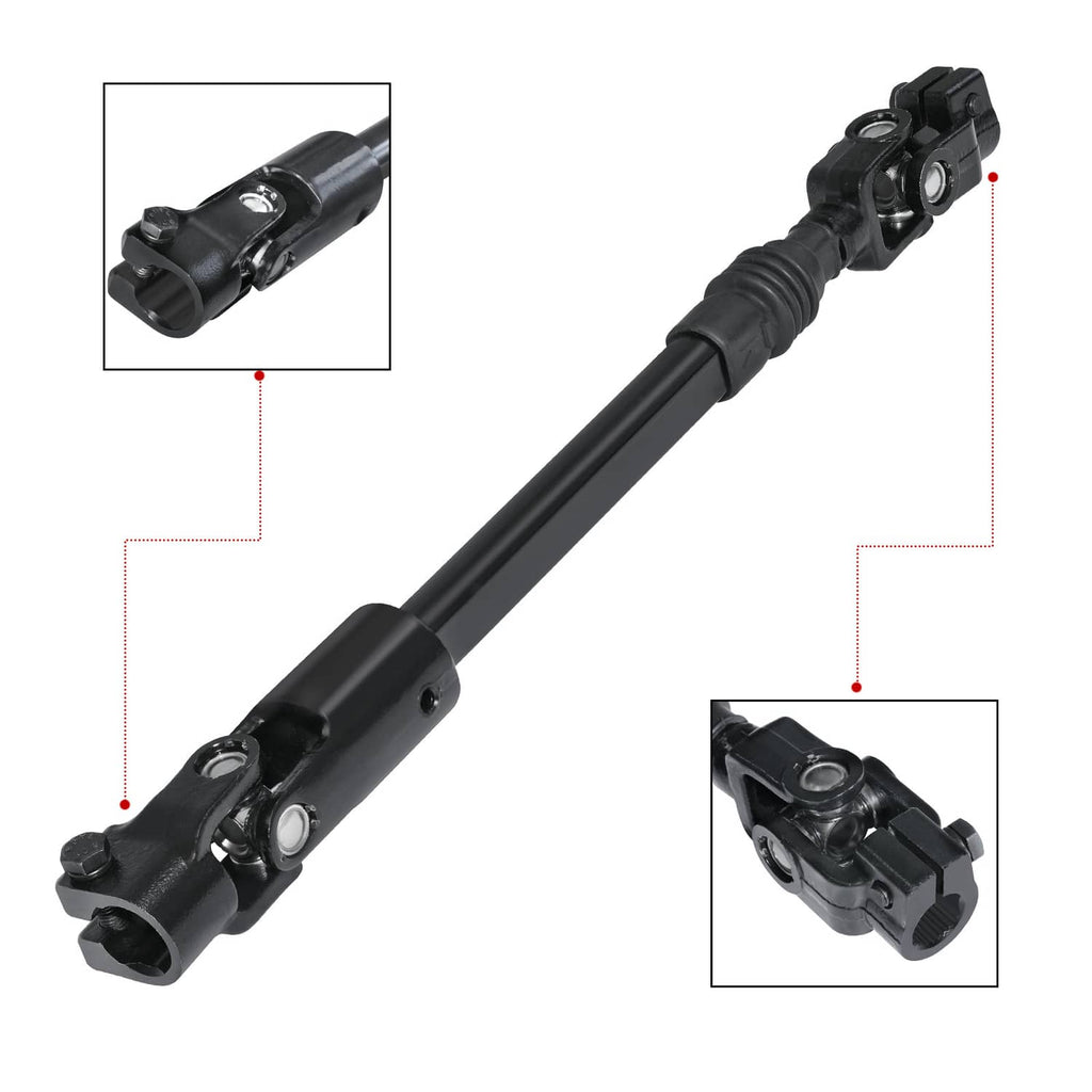 Black power steering column shaft with yoke and mounting bracket ends