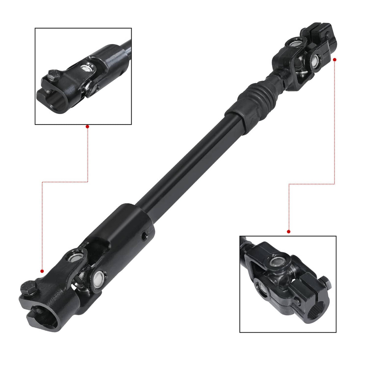 Black power steering column shaft with yoke and mounting bracket ends