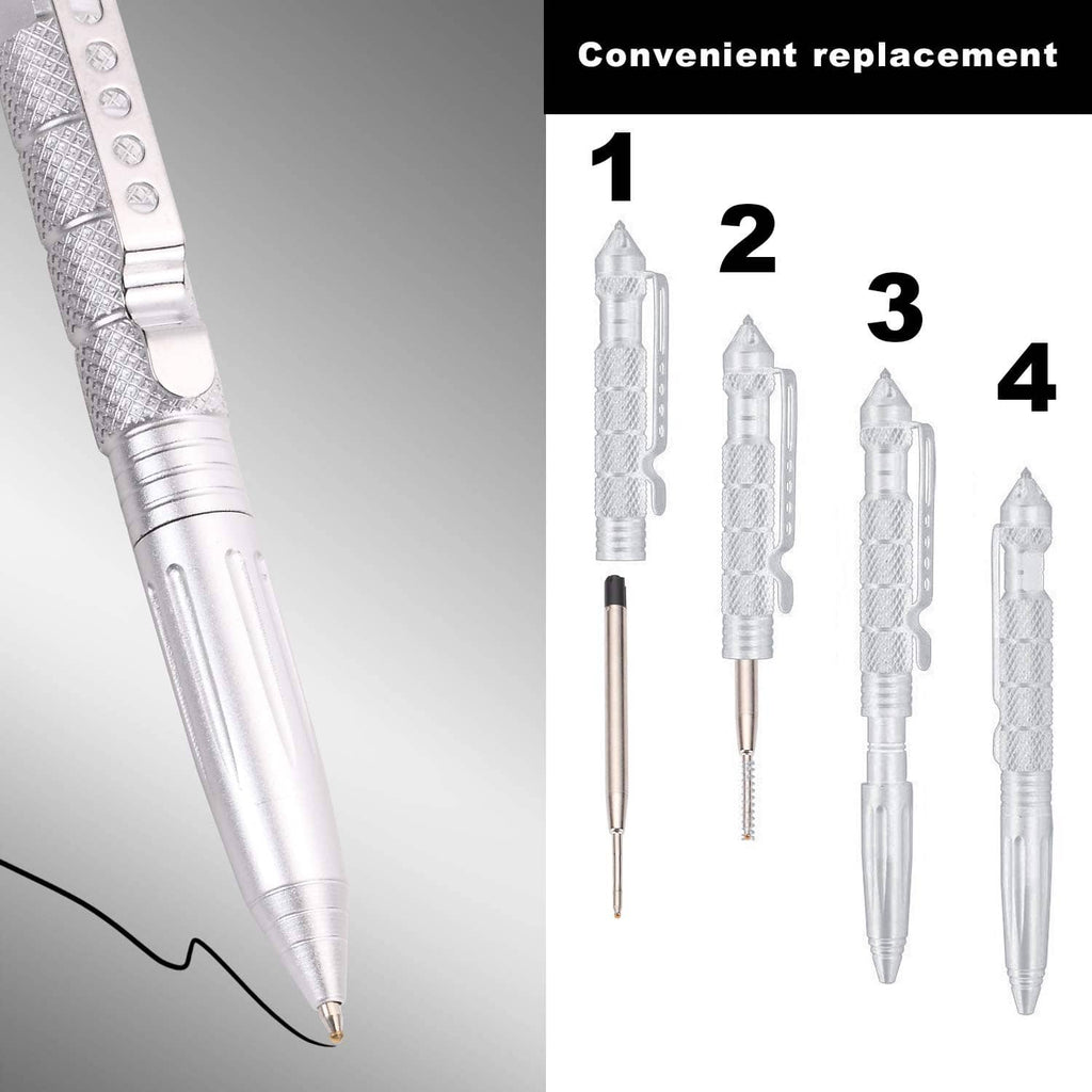 Silver tactical ballpoint pen with multiple replacement refill cartridges