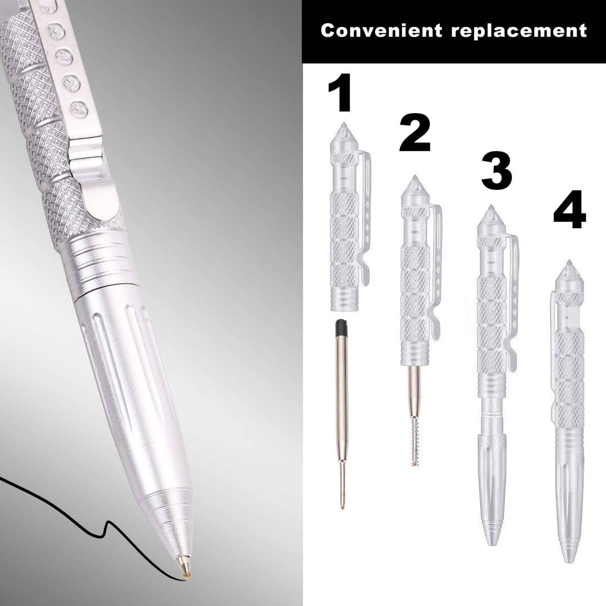 Silver tactical ballpoint pen with multiple replacement refill cartridges