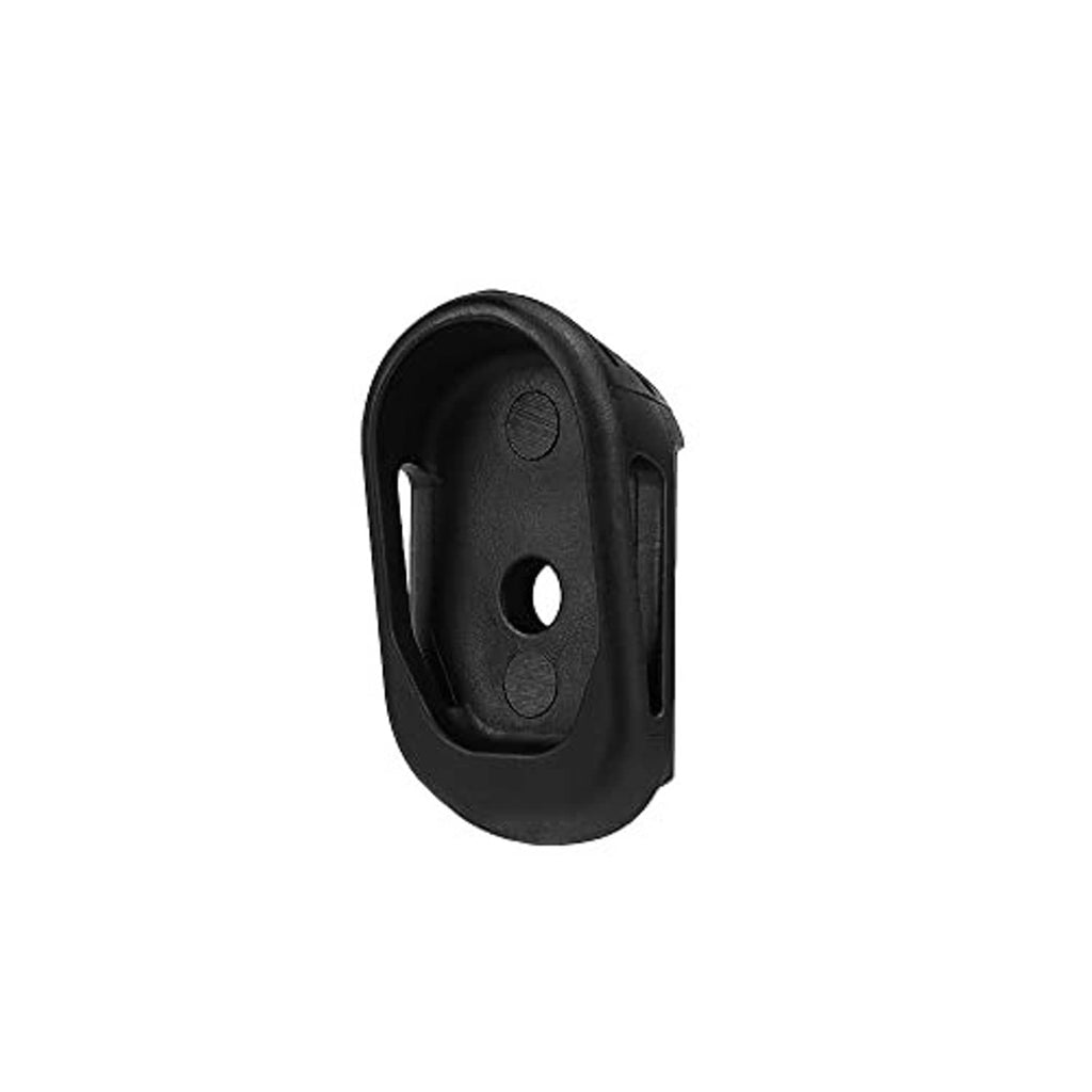 End view of black pistol magazine extension grip with recessed oval hole