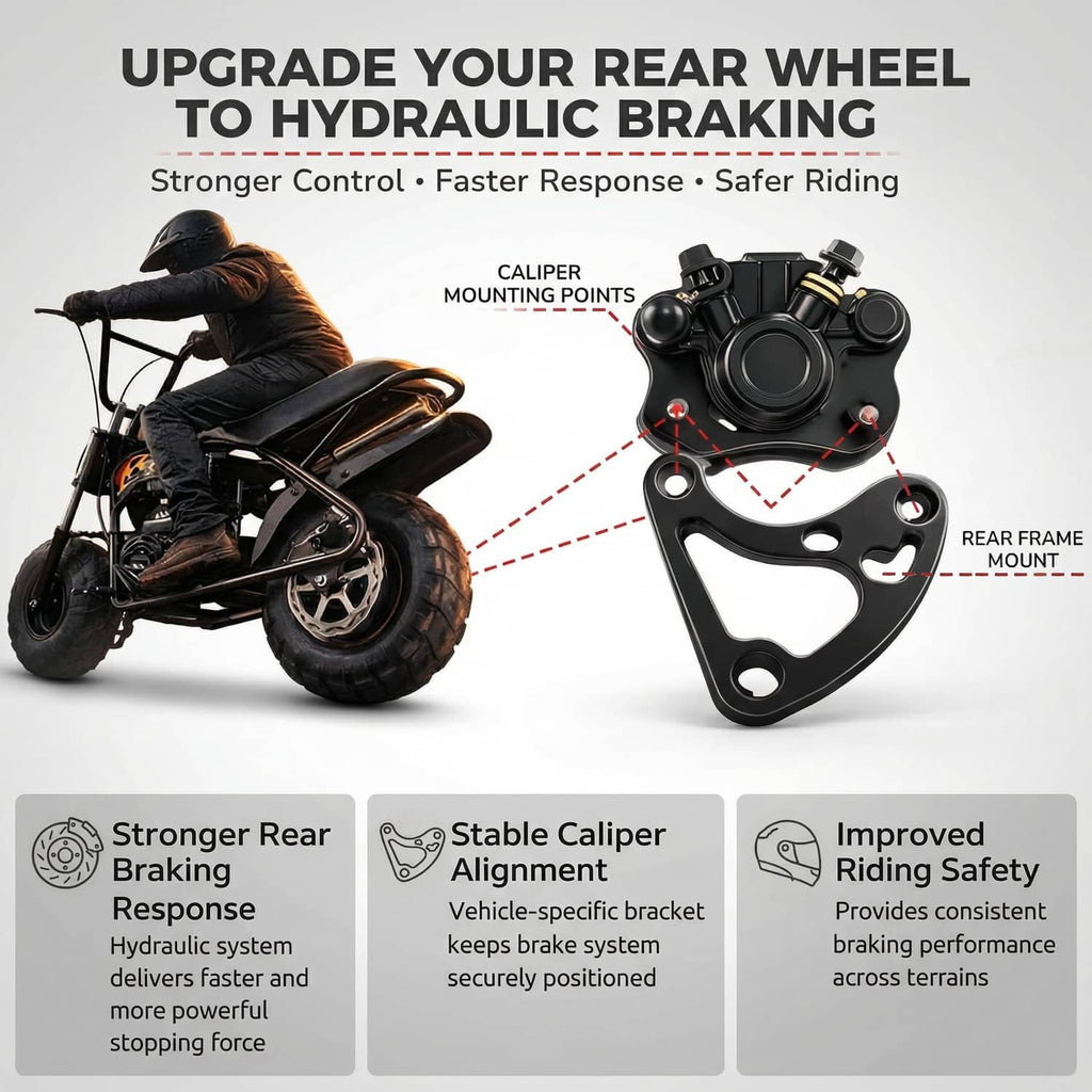 Rear hydraulic brake caliper with caliper mounting points and bracket for wheel upgrade