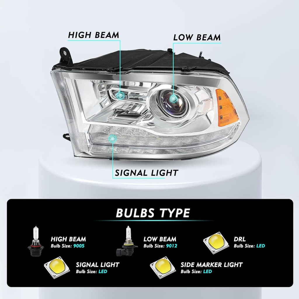 Chrome projector headlight with clear lens, amber turn signal area, and beam projector