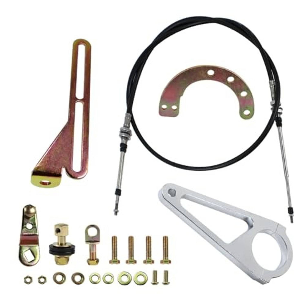 Transmission shift linkage kit with long cables, silver plate, and red mounting parts