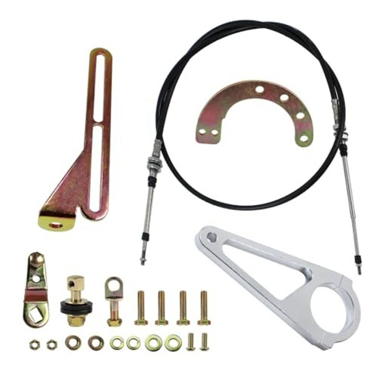 Transmission shift linkage kit with long cables, silver plate, and red mounting parts