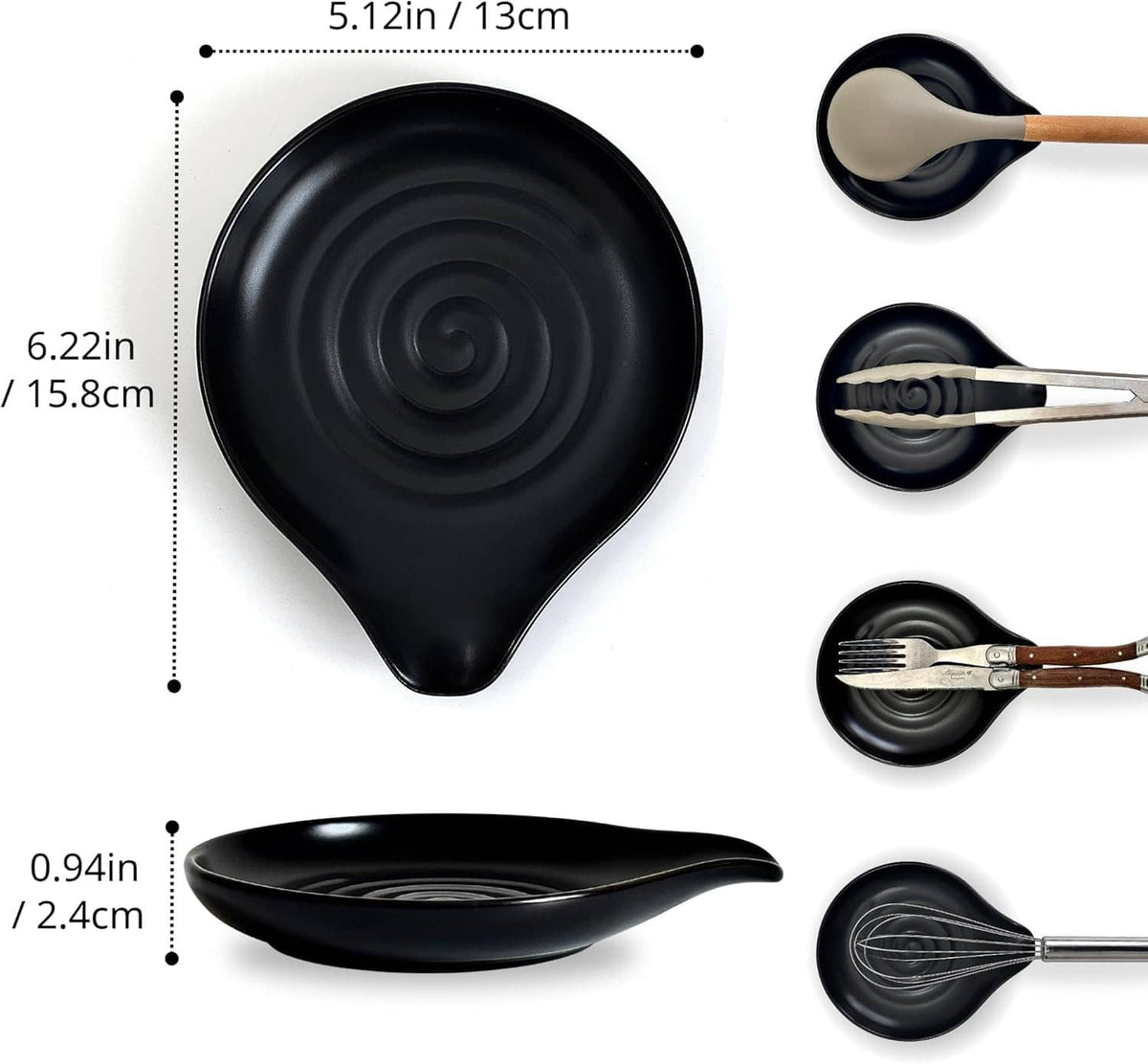 Matte black ceramic spoon rest with swirl pattern in a leaf-teardrop shape