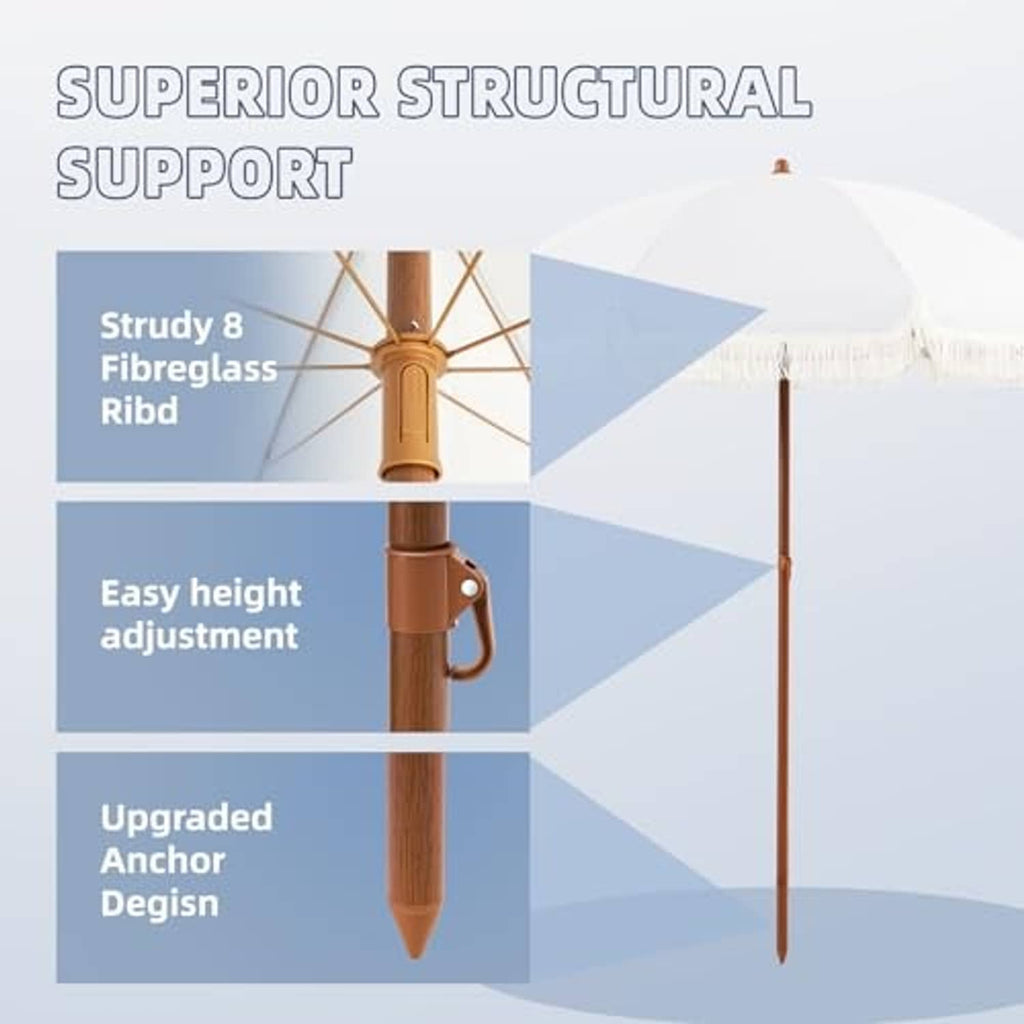 Cream patio umbrella with wooden support pole and stable anchor design