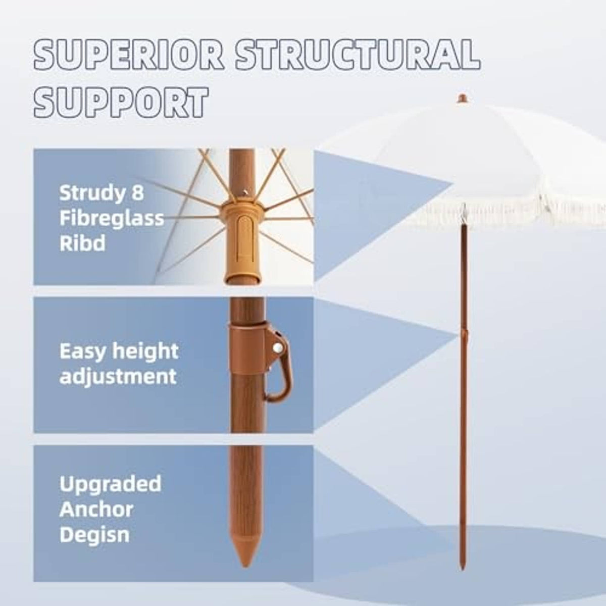 Cream patio umbrella with wooden support pole and stable anchor design