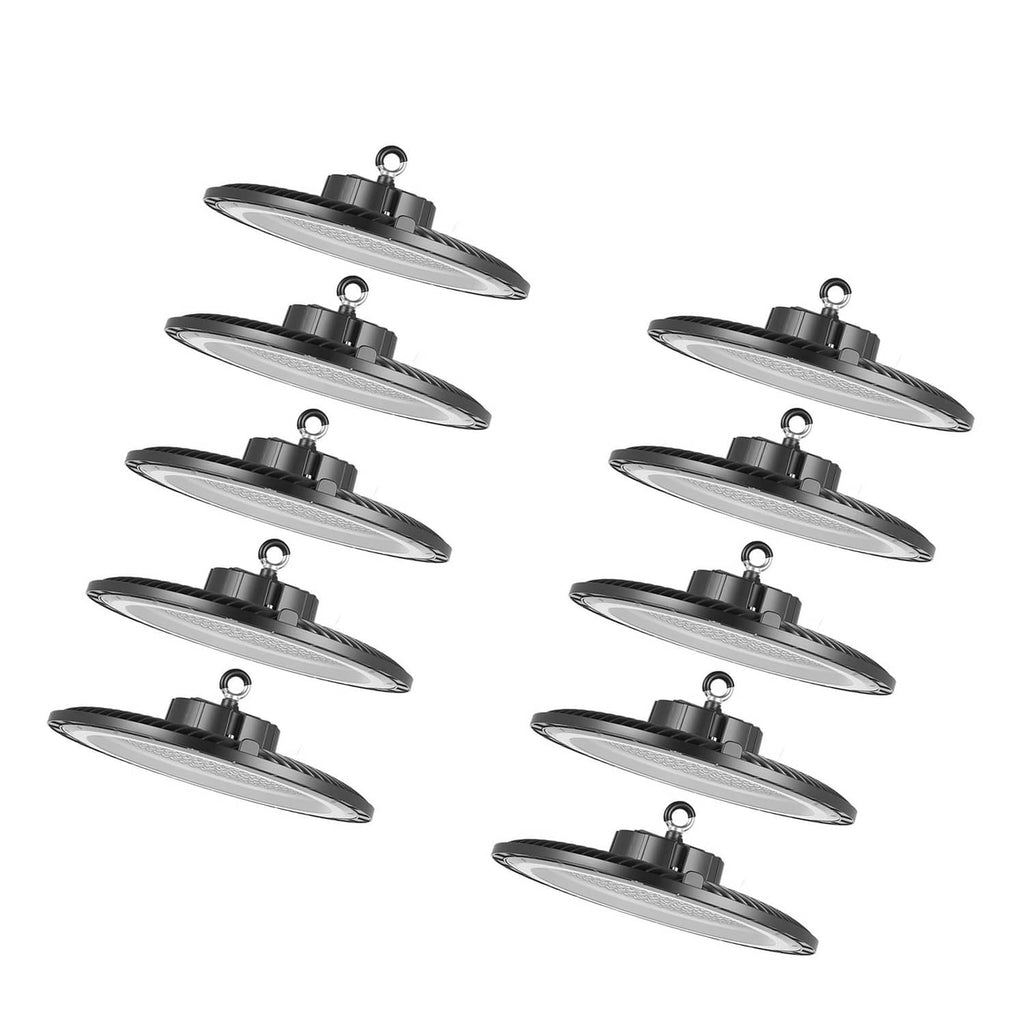 Pack of ten black LED high bay light fixtures with hanging hook rings