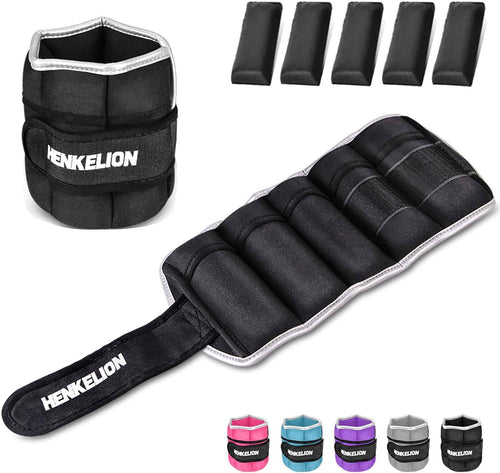 Black adjustable ankle weights with Velcro strap and segmented weight pouches, Henkelion
