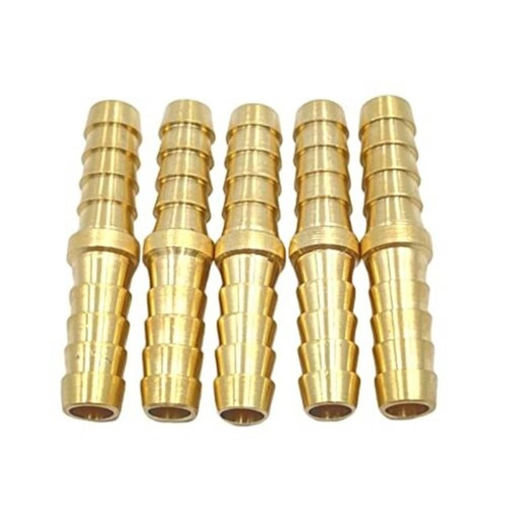 Five brass 1/4 in hose barb connectors with barbed tips for hose mending