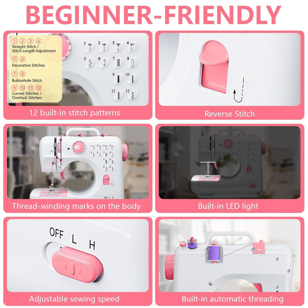 Beginner-friendly sewing machine control panel with stitch settings and LED light