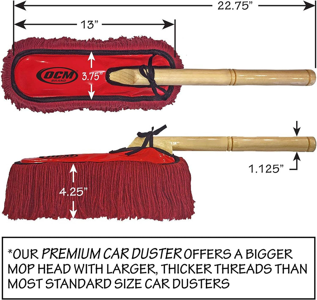 Car duster size chart showing red mop head with wooden handle and black strap