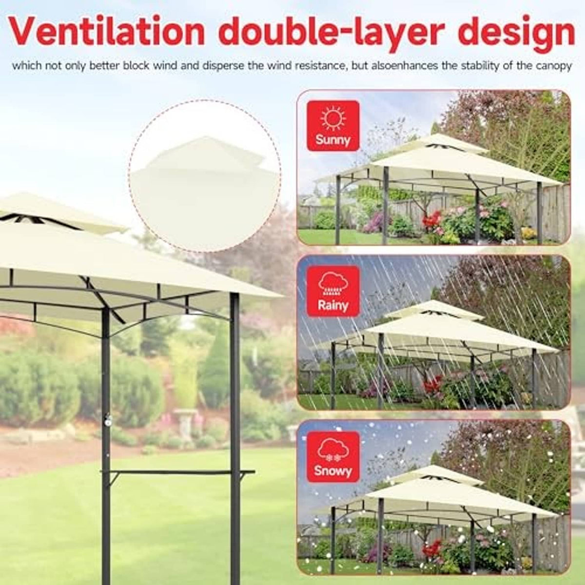 Cream double-layer replacement canopy top for 5x8 grill gazebo, weather-ready style