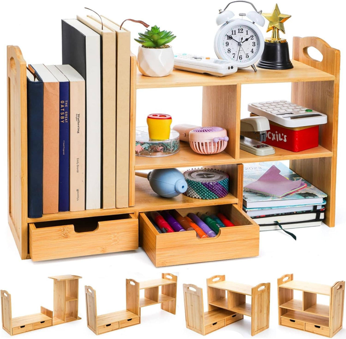 Light wood desktop bookshelf with open shelves and two front pull-out drawers