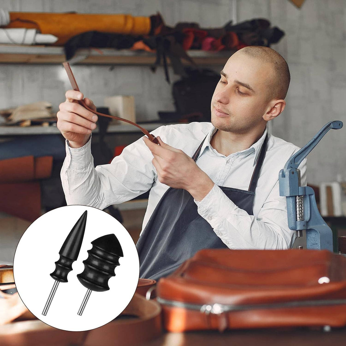 Leather burnishing in workshop with black conical burnisher bits shown in inset