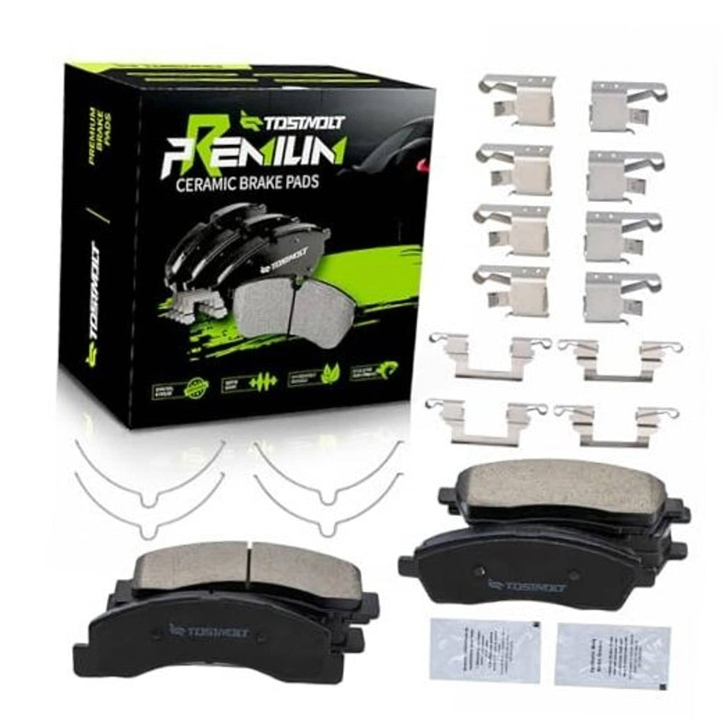 8-piece ceramic brake pad set in box with multiple pad pieces and clips