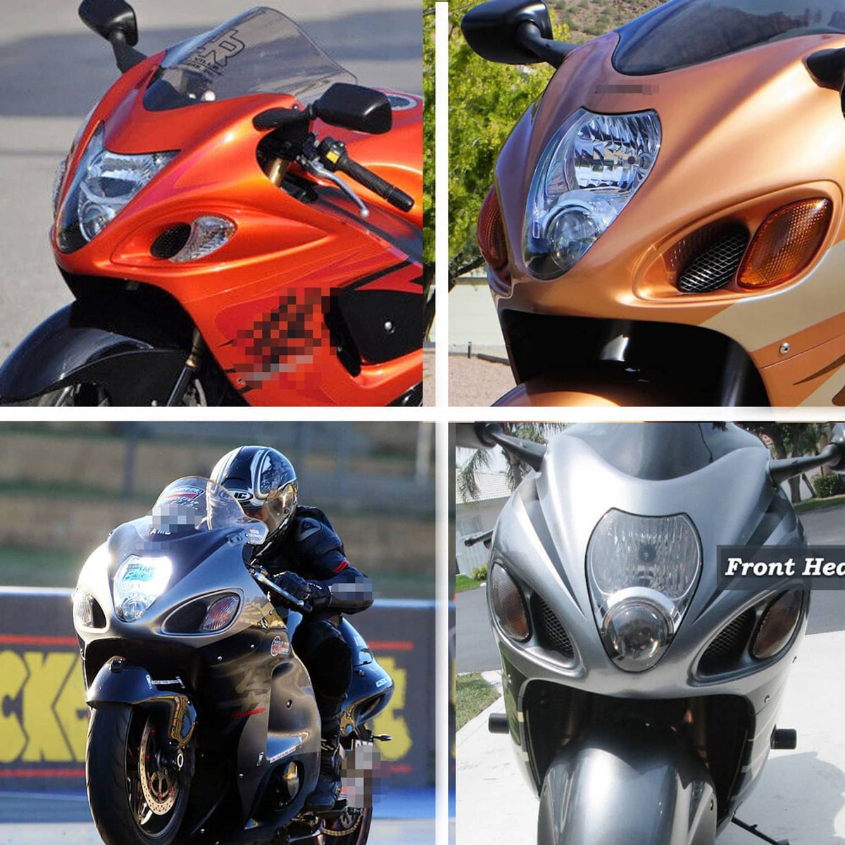 Headlight assembly with clear lens and mesh grille, shown in multiple color housings