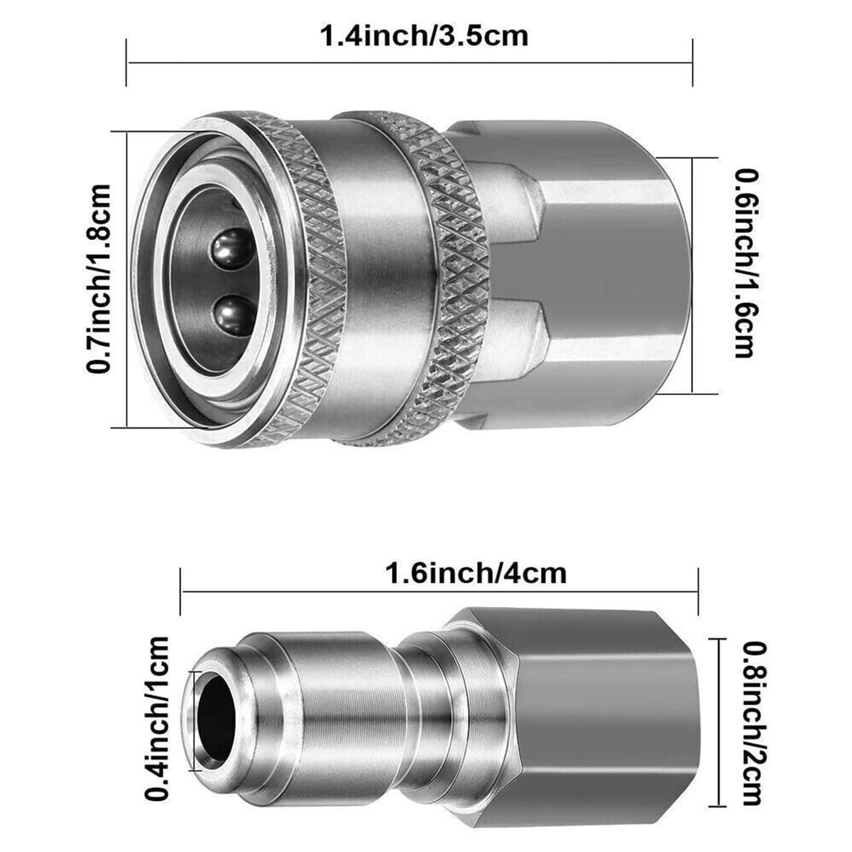 NPT stainless steel quick connector couplers with size diagram and close-up ends