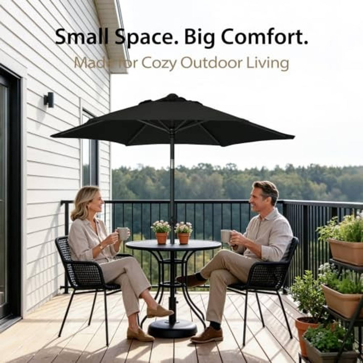 Black 6-ft patio umbrella open over an outdoor round table