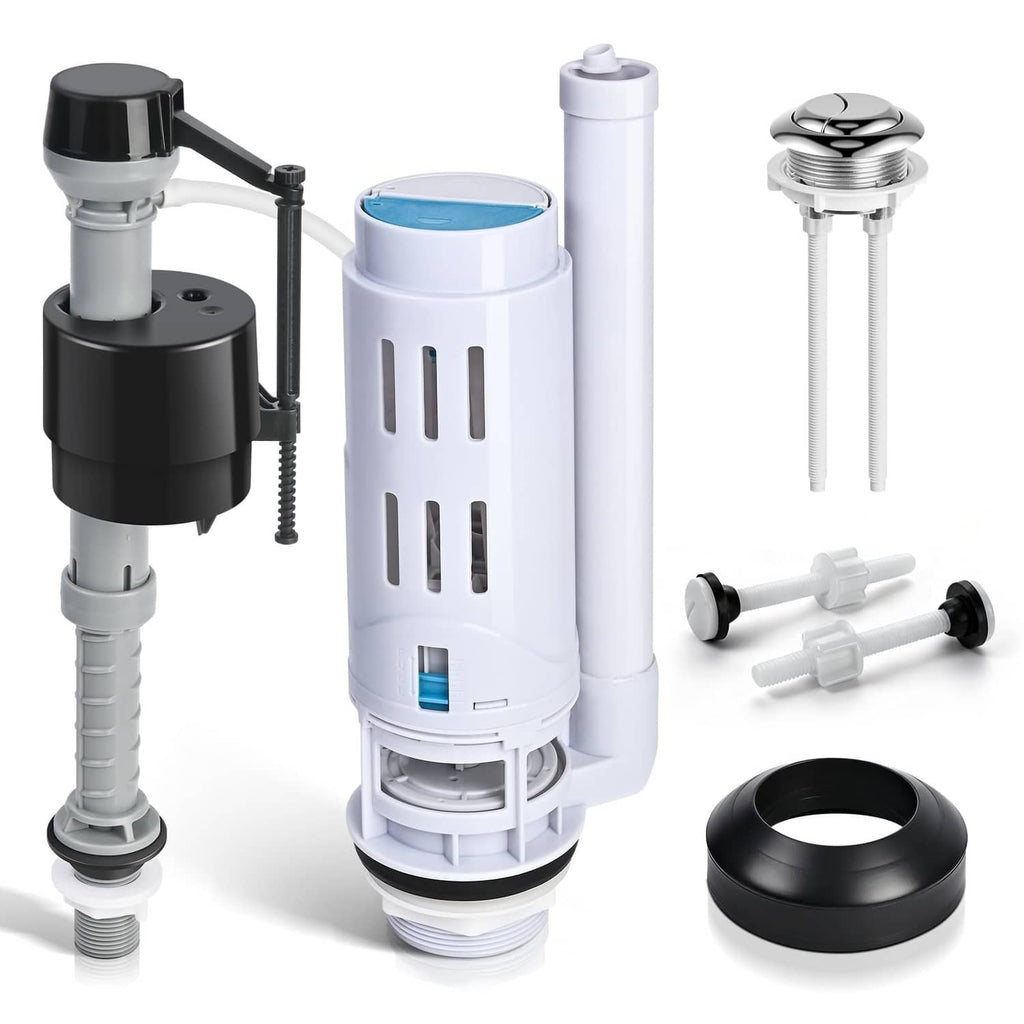 Black and gray dual flush toilet valve replacement kit with push button parts