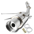 Cat-back exhaust muffler with polished silver housing and round black exhaust tip