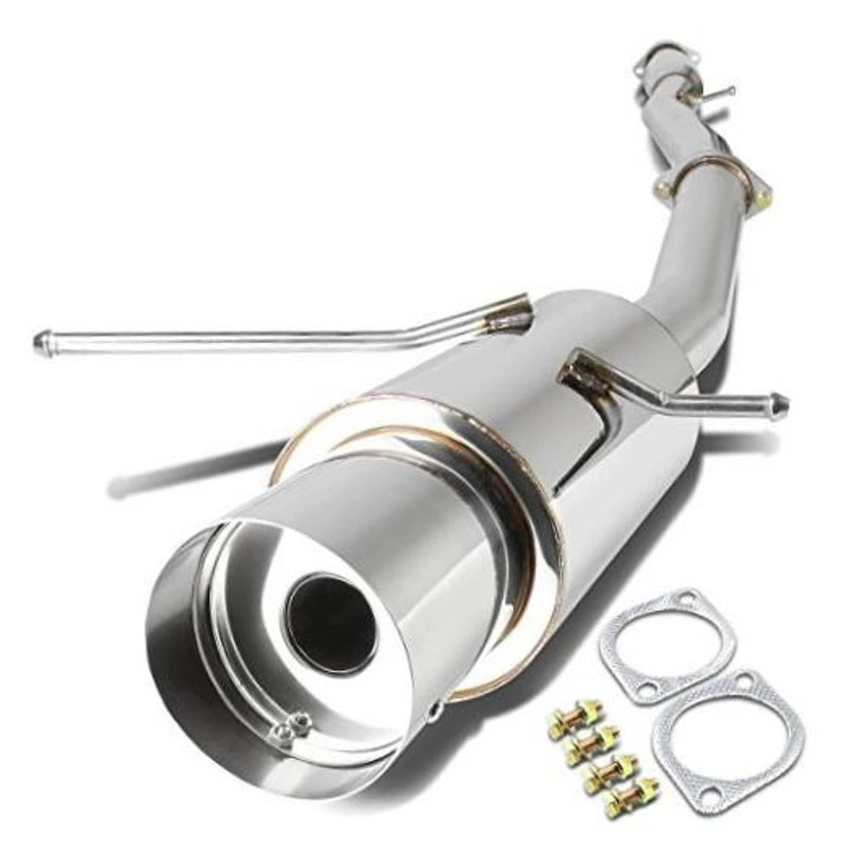 Cat-back exhaust muffler with polished silver housing and round black exhaust tip
