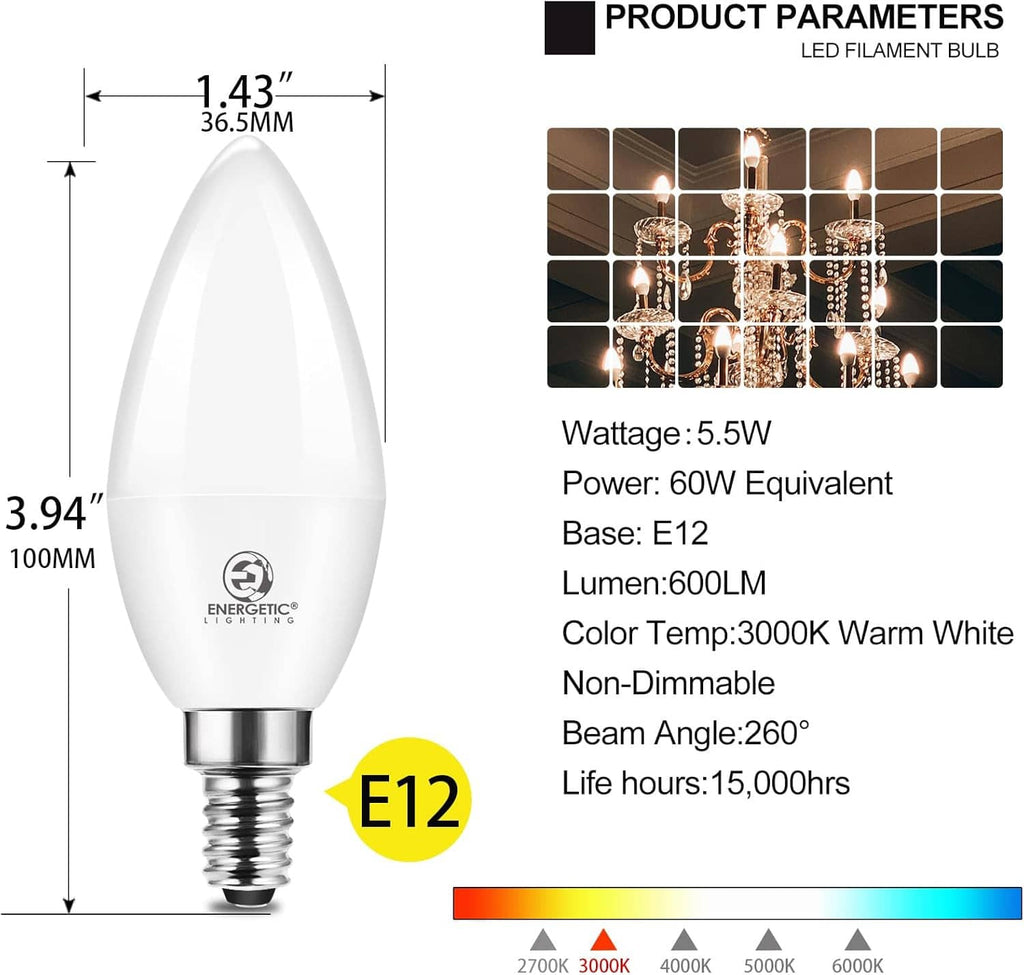 Frosted flame LED candelabra bulb with E12 screw base, shown with size diagram