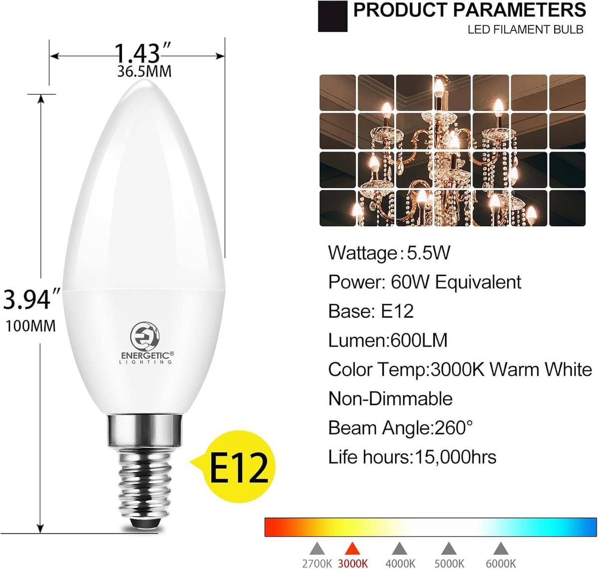Frosted flame LED candelabra bulb with E12 screw base, shown with size diagram