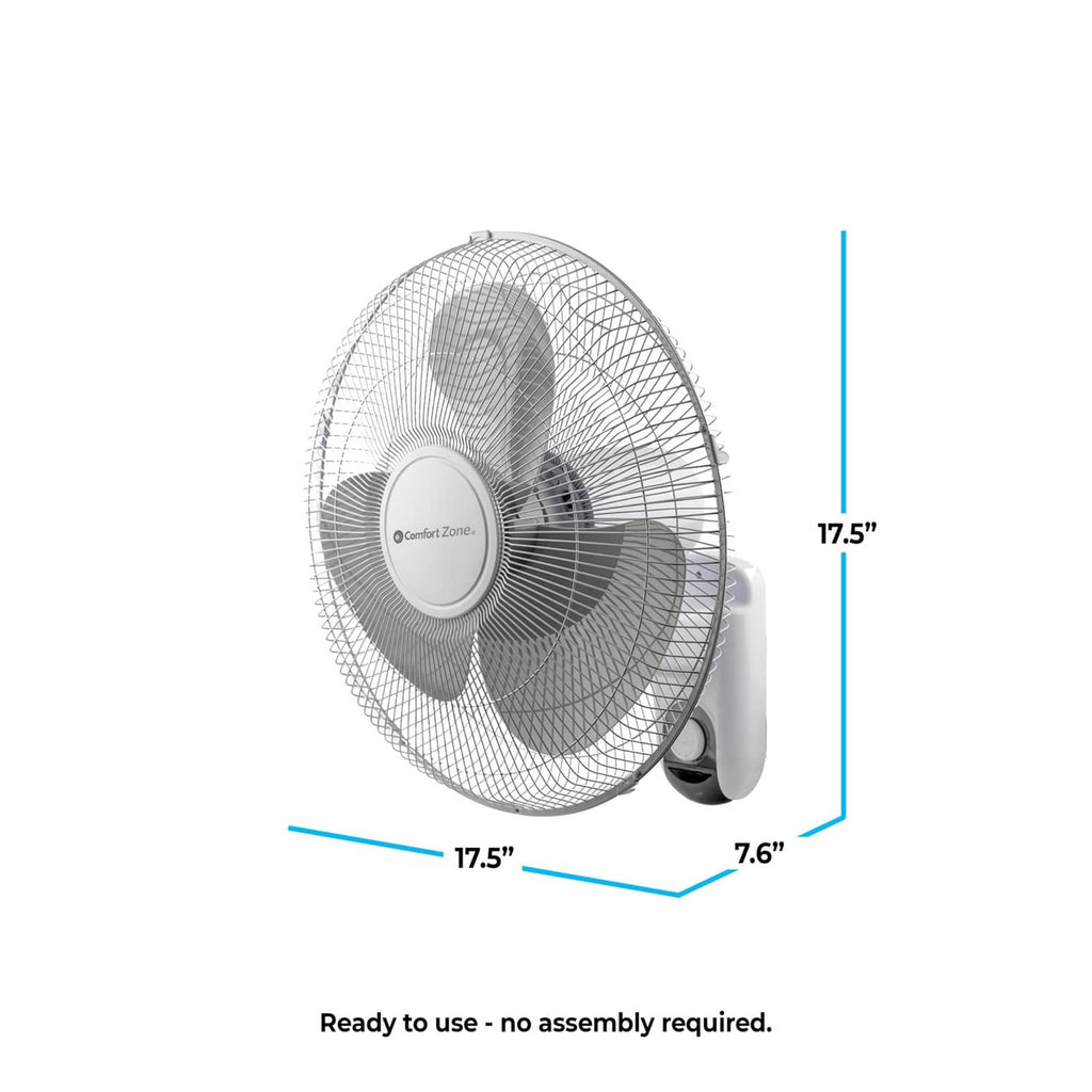 Comfort Zone wall mount fan dimensions diagram with no-assembly ready-to-use design