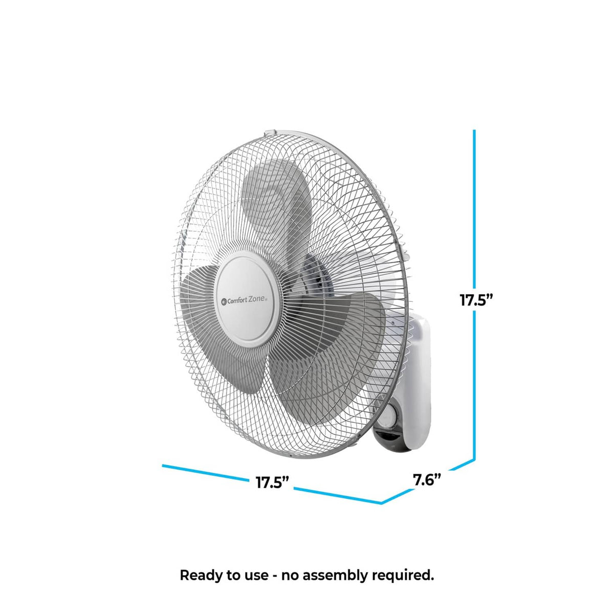 Comfort Zone wall mount fan dimensions diagram with no-assembly ready-to-use design