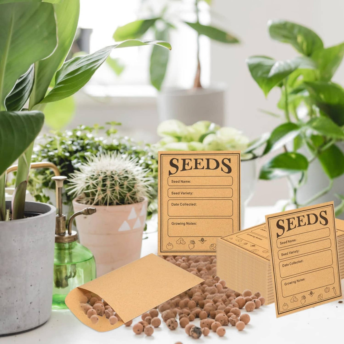 Brown kraft seed envelopes with printed SEEDS labels, next to small seed containers.