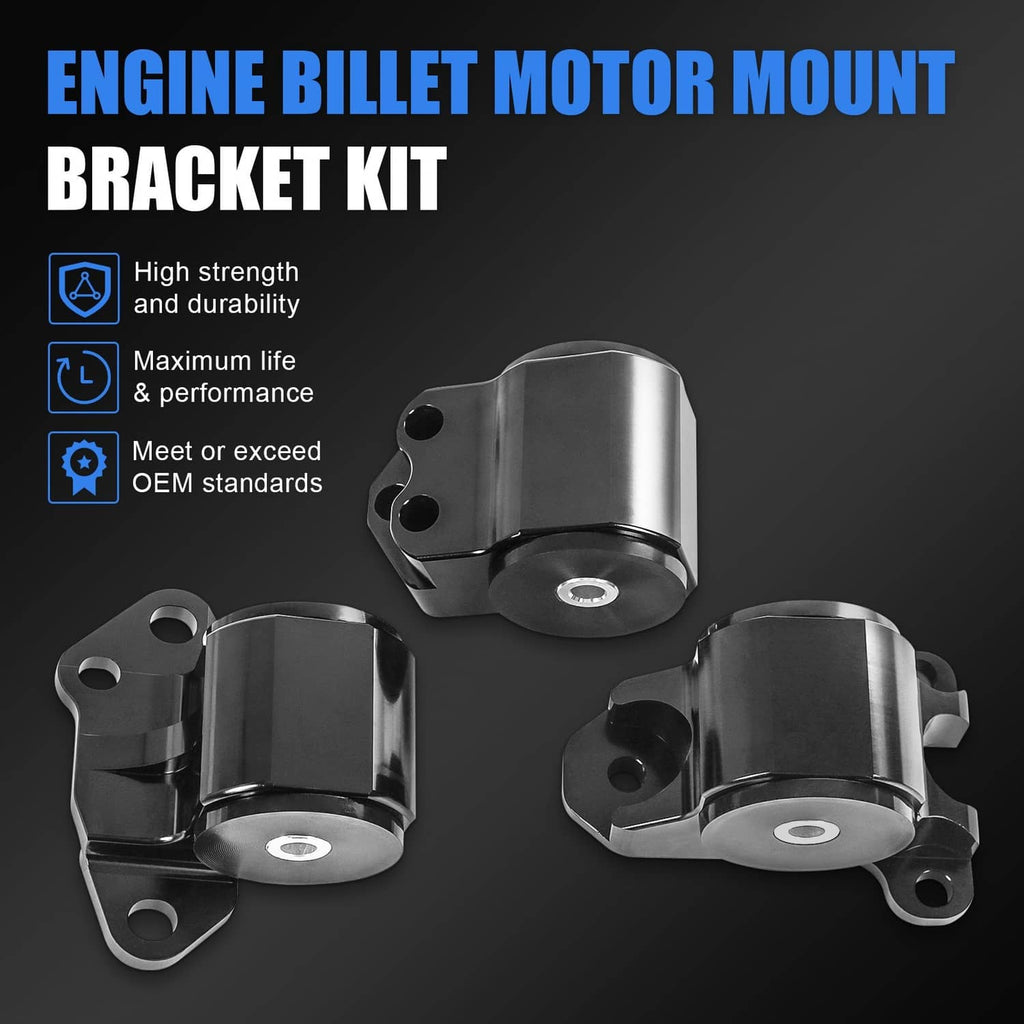 Engine billet motor mount bracket kit with three black-and-silver mounts