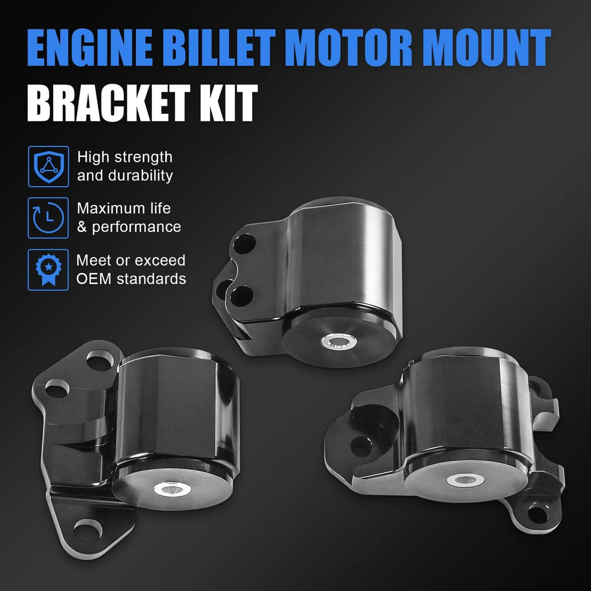 Engine billet motor mount bracket kit with three black-and-silver mounts