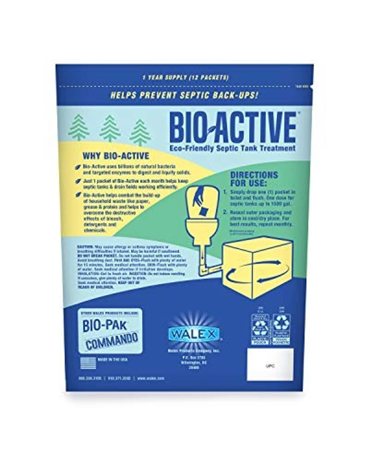 Bio-Active septic tank treatment pouch back side with usage and ingredients text