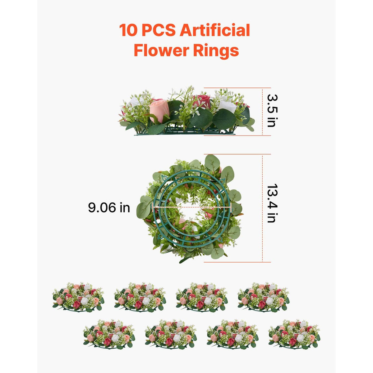 Set of artificial rose flower wreath rings with mixed pink and white blooms on a green ring