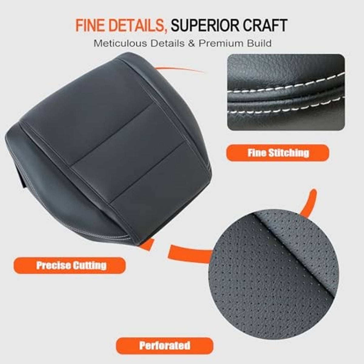 Black perforated leather seat cover with fine stitching and perforation texture