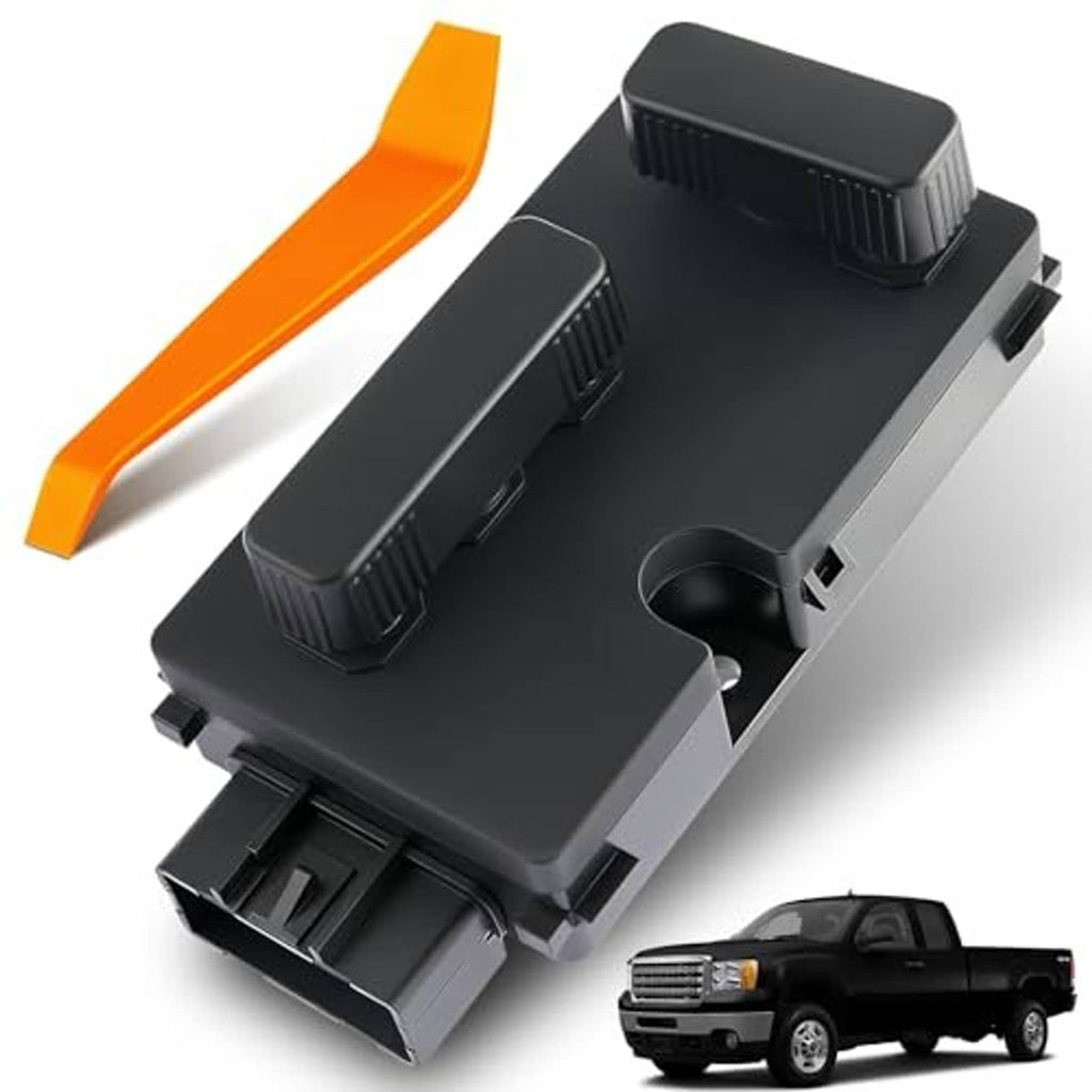 Black seat power adjust switch module with orange lever, front angled view