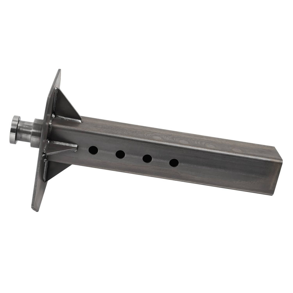 Steel coupler adapter beam with front mounting plate, roller pin, and hole row