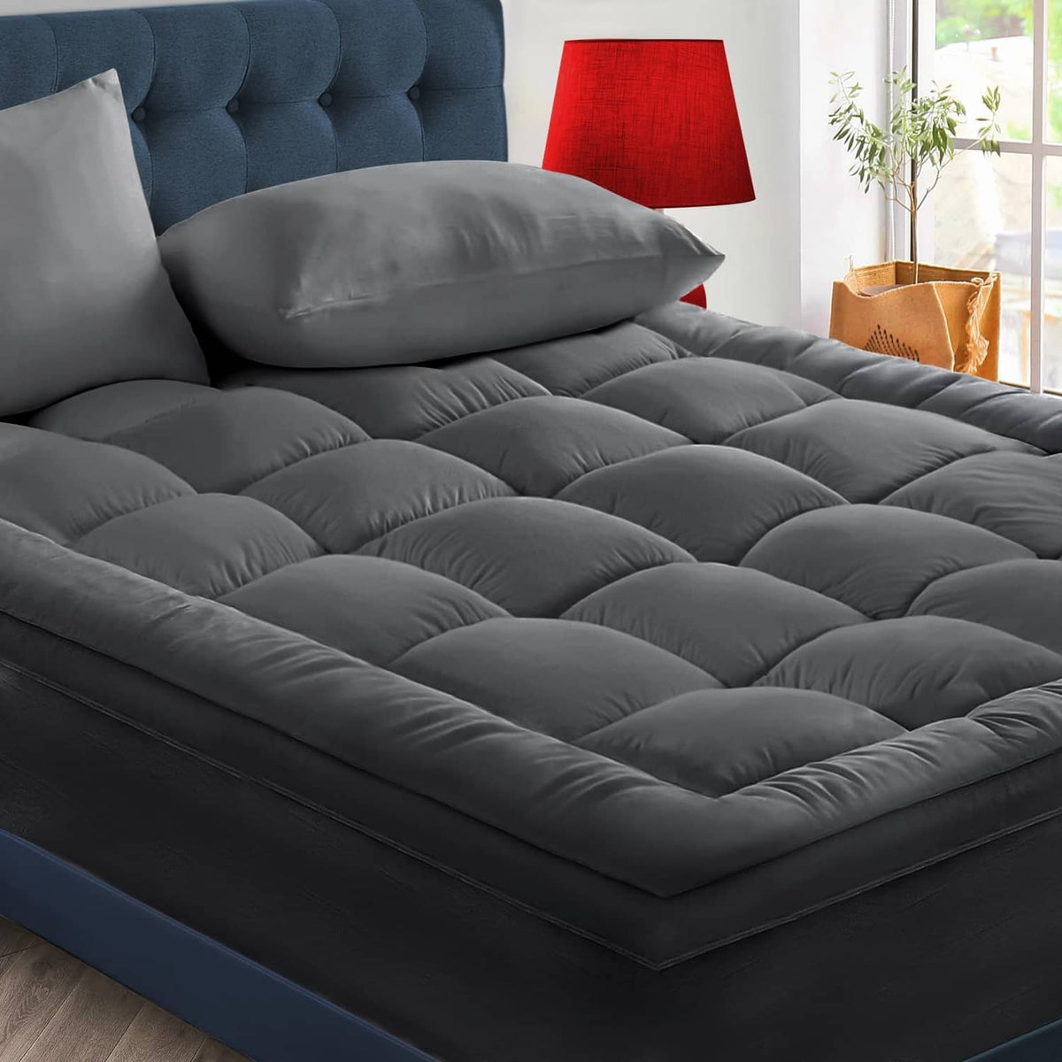 Extra-thick grey mattress topper with quilted, puffed 3D box design