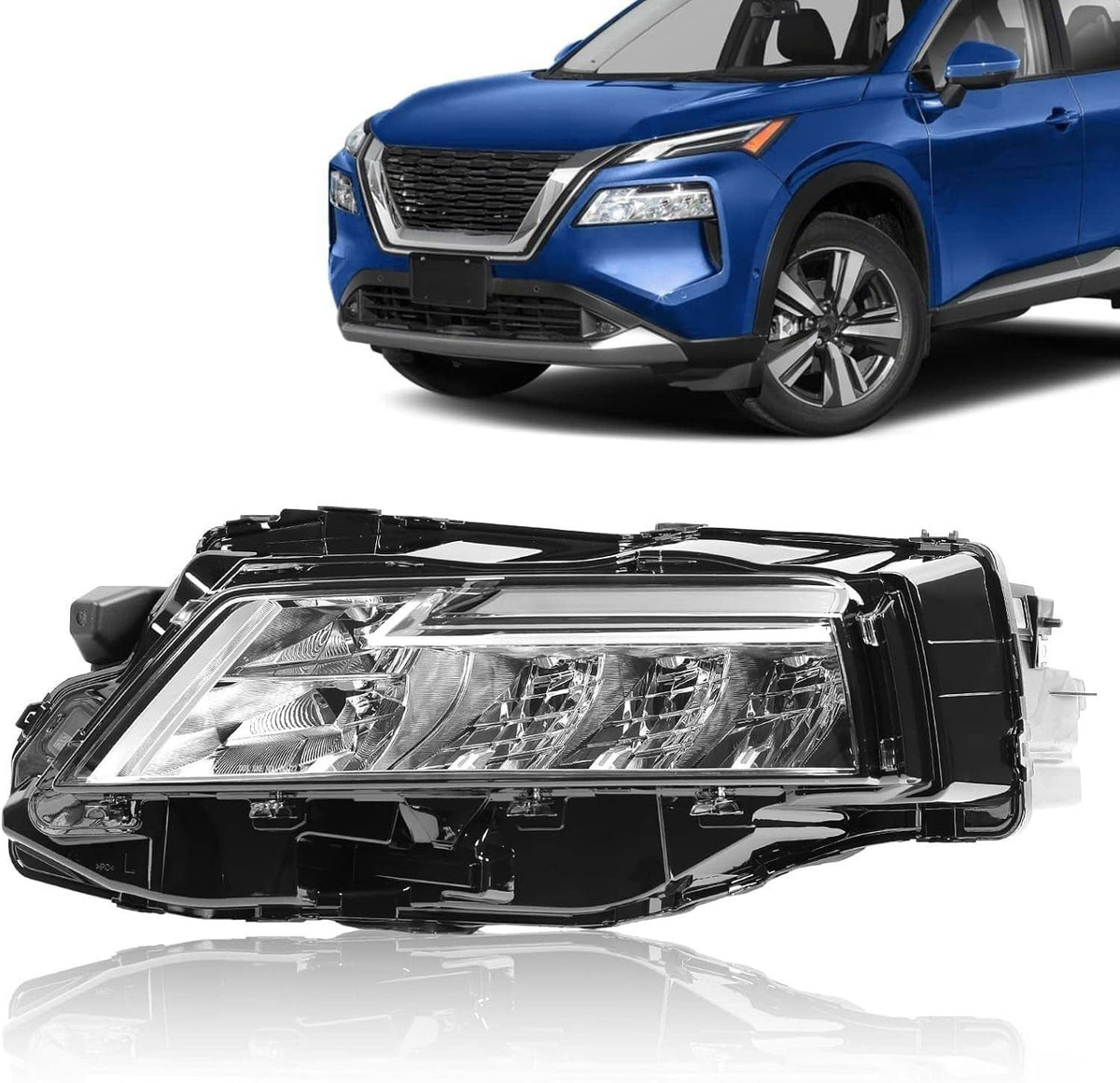 LED headlight pair shown beside a blue vehicle, with clear chrome lens assemblies.